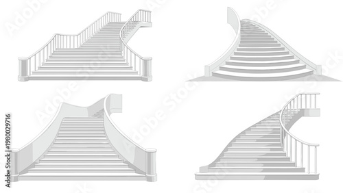 Collection of elegant architectural white staircases and banisters shown from various perspectives for interior design and construction concepts.