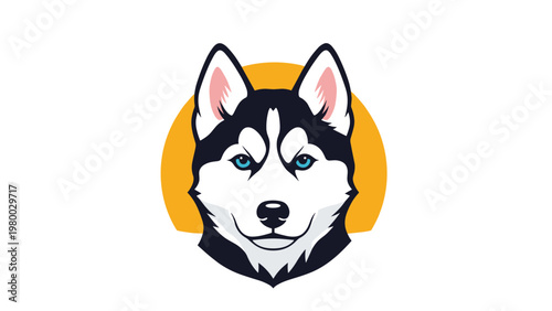 Strong portrait of a siberian husky with blue eyes on a yellow circle background for animal shelter logos.