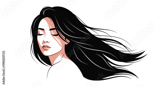 Artistic illustration of a beautiful woman with long flowing black hair and closed eyes in a serene and elegant pose against white.