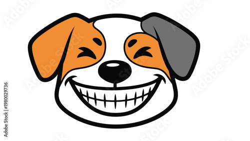 Funny cartoon dog face with a very wide toothy grin and squinting eyes isolated on a plain white background.