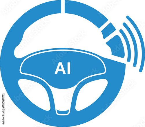 Steering wheel with AI symbol and radio waves, autonomous driving, smart car control, futuristic steering.