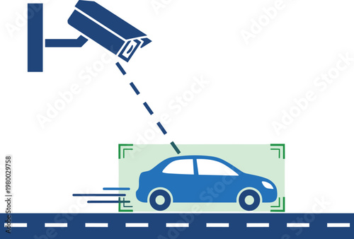 Surveillance camera monitors car speed and detects obstacles for traffic safety.