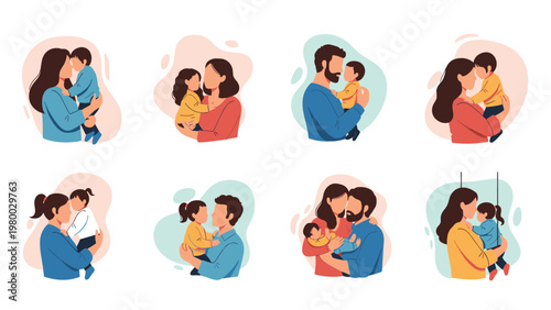 Tender collection of family moments showing mothers and fathers hugging, playing, and caring for their small babies and children with love.