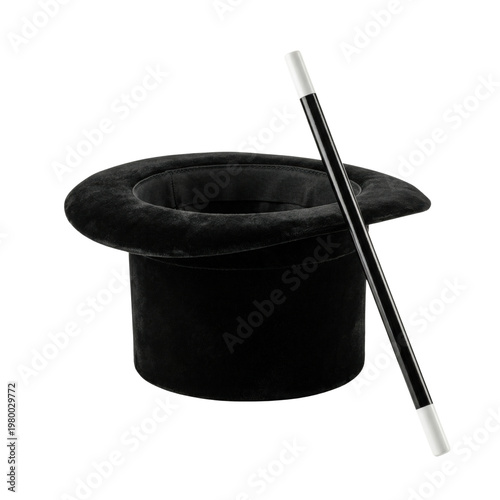 Konstfotografi Black magician top hat with magic wand isolated