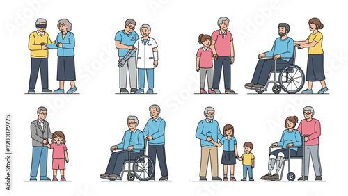 Diverse group of people with disabilities and their supportive caregivers illustrating inclusive medical assistance and family caregiving scenes.