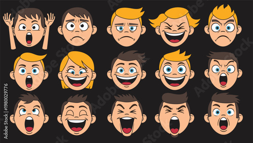 Comprehensive set of cartoon boy face icons showing a wide range of emotions including joy, anger, surprise, and sadness on a dark background.
