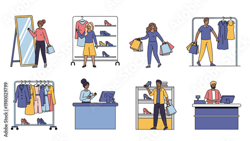 Scenes of diverse people shopping for clothes and accessories including trying on shoes and interacting with helpful retail store staff.