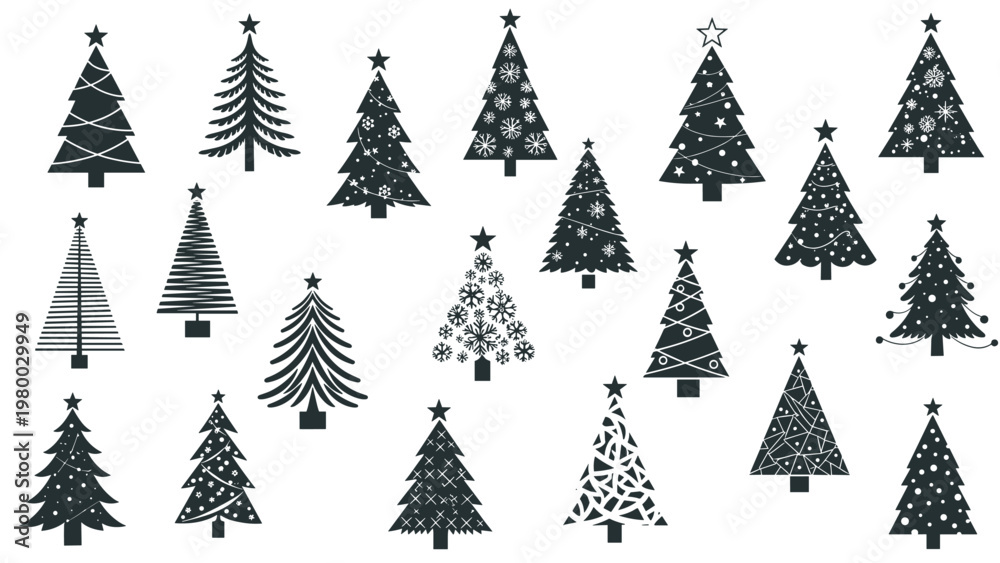 Obraz premium Variety of stylized Christmas tree silhouettes in black features different decorative patterns and shapes for holiday designs.