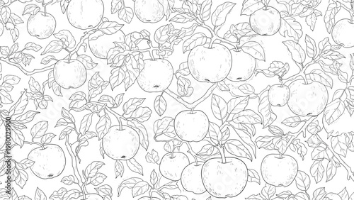 Detailed black and white line art pattern of apples growing on leafy branches creating a dense and intricate botanical wall covering.