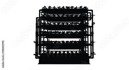 Intricate stacked shelving unit filled with plants a dark silhouette