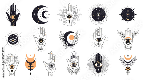 Collection of mystical hands with eyes, crescent moons, and stars features esoteric hamsa symbols for spiritual and occult designs.
