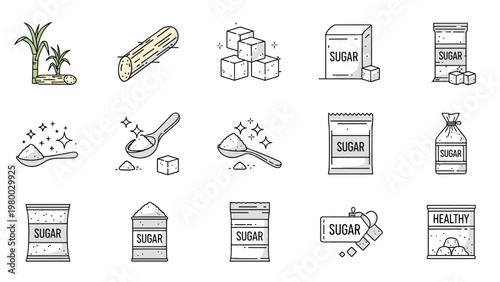 Various icons depicting sugar production include sugarcane, cubes, packets, and spoons of granulated sweetness in line art style.