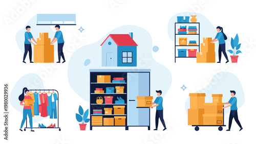 Scenes of people packing boxes and moving furniture highlight the process of relocation and home storage in a flat vector style.