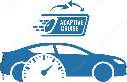Adaptive cruise control system icon featuring car silhouette and speedometer for traffic automation.