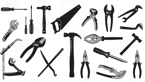 Silhouette collection of common hand tools includes hammers, screwdrivers, saws, and pliers for construction and repair projects.
