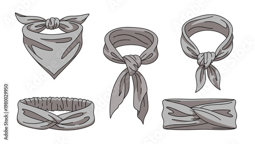 Set of grey neck scarves and headbands tied in various styles provides a selection of accessory illustrations for fashion.