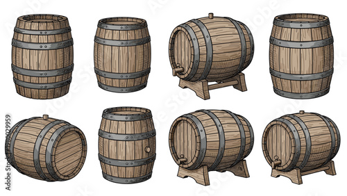 Assorted wooden barrels used for wine or beer storage show various angles and stands in a detailed illustrative set.