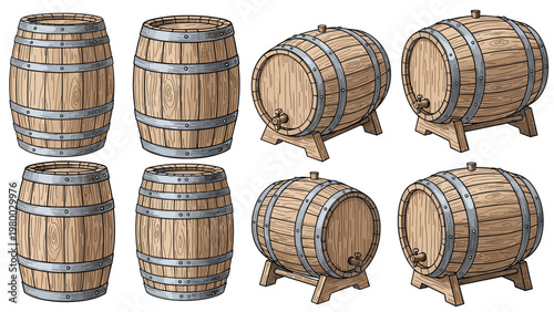 Selection of classic wooden barrels for wine or beer storage shows different perspectives and stands in a detailed drawing.