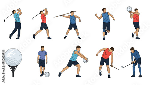 Set of athletes performing different sports including golf, volleyball, javelin, and soccer shows dynamic human movement.