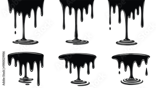 Set of black liquid or oil dripping effects shows various forms of viscous flow and splashes for industrial or artistic use.