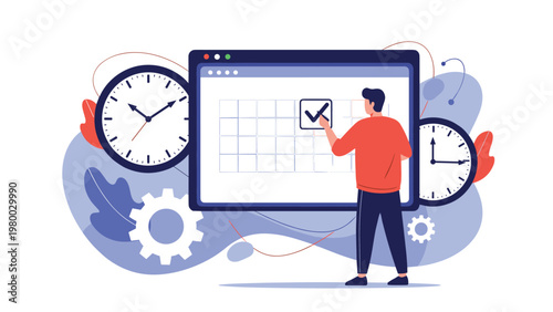 Man using a large digital interface to plan his schedule and tasks shows efficiency in time management and organization.