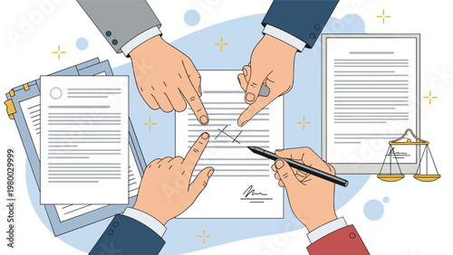 Group of people discussing and signing a legal contract emphasizes teamwork, agreement, and professional collaboration.