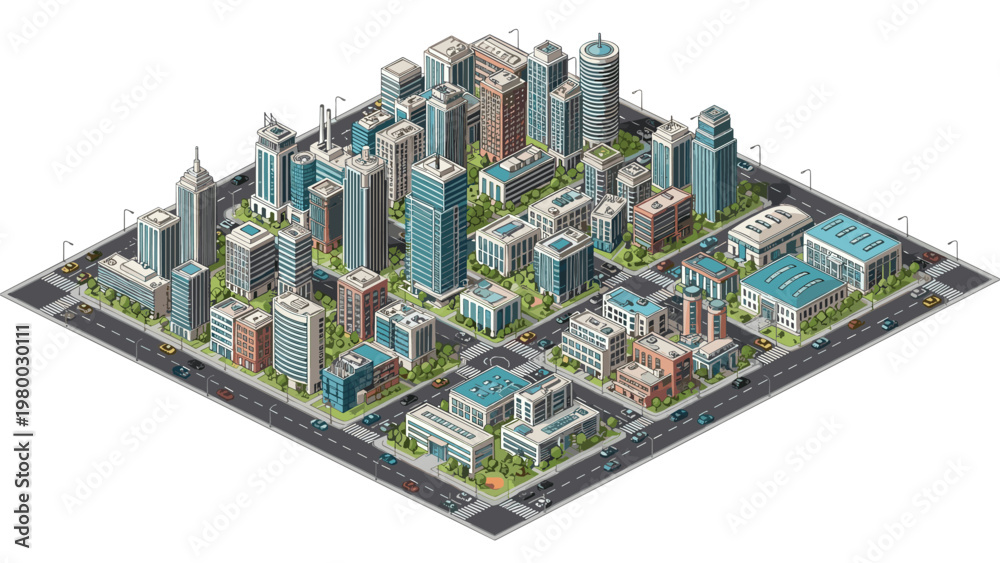 Obraz premium Detailed isometric view of a modern city block with various skyscrapers, office buildings, green parks, streets, and urban traffic.