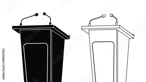 Silhouette and outline icons of a professional speaking lectern or podium with two microphones for public speaking events.