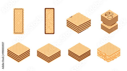 Assortment of crispy wafer cookies with various chocolate and cream fillings shown in different shapes and isometric views.