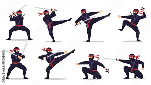 Set of martial arts ninjas in various action poses including fighting with katanas, throwing shuriken, and performing high kicks.