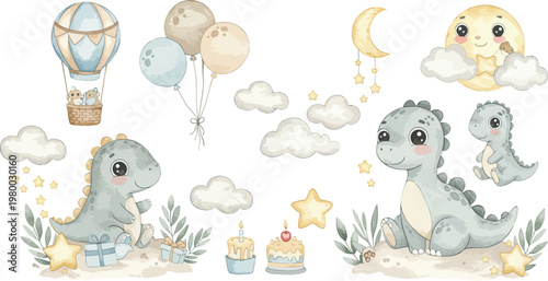 Funny cartoon vector illustration of a wild baby dinosaur with a chicken and eggs, a yellow Easter bunny, and a green snake in a blue nature zoo