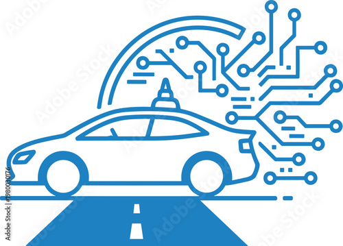 Autonomous vehicle circuit technology illustration showing self driving car with lidar sensor on road.