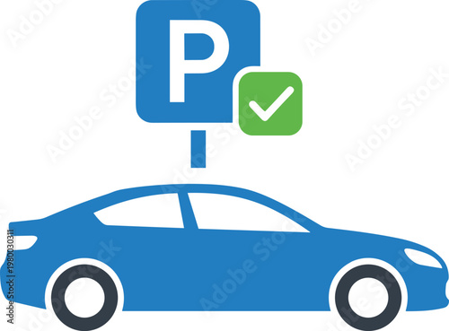 Car with parking sign and check mark, finding parking space, urban transport, convenient parking solution.