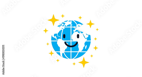 Smiling Earth Globe Cartoon Character Face.