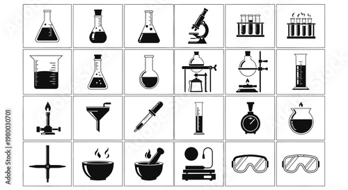 Black and white laboratory equipment icons set including beakers test tubes microscopes and more on white background for science and research themes