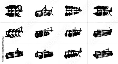Collection of various farm equipment silhouettes for agriculture and farming including tractors and plows on white background