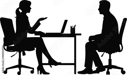 Business job interview silhouette with female recruiter and male candidate talking at office desk, recruitment concept