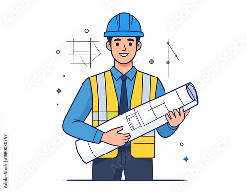 Construction Worker Holding Blueprints Smiling.