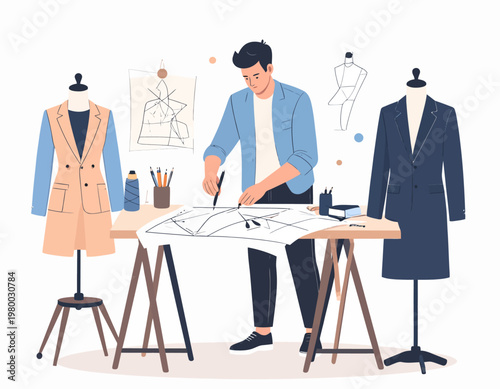 Fashion Designer At Work Studio.