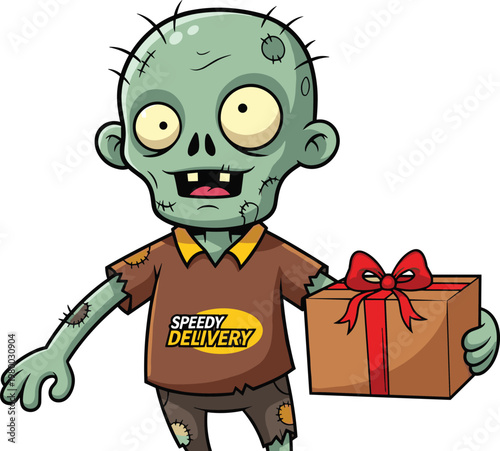 Cartoon zombie courier character holding package with ribbon, humorous speedy delivery service concept vector illustration
