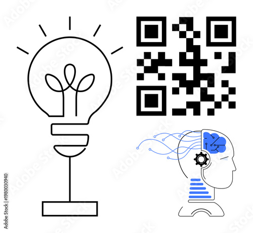 Technology, innovation, artificial intelligence, digital identity, smart solutions, QR code systems. ion of a lightbulb, a human brain and a QR code. Technology and innovation concepts