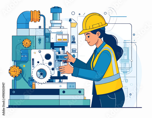 Woman working on industrial machine.