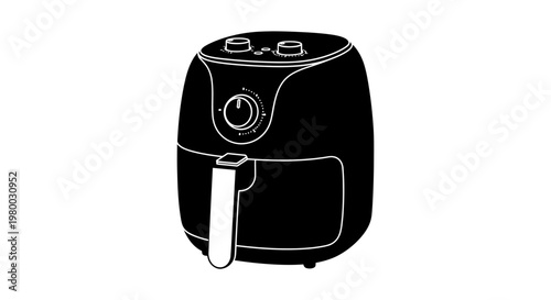 Black air fryer illustration with white outline on clean background for cooking and kitchen concepts