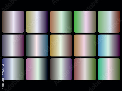 A colorful array of 18 shiny squares with various gradient effects