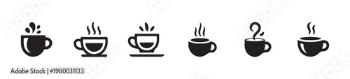 Hot drink cup icons set with steam, coffee mug with splash, breakfast beverage collection