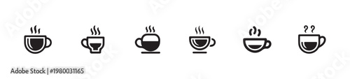 Hot drink cup icons set with steam, coffee mug with outline, breakfast beverage collection