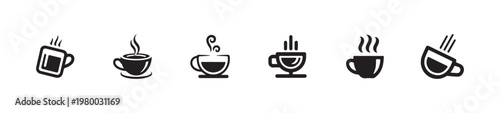 Hot drink cup icons set with steam, tilted coffee mug, breakfast beverage collection