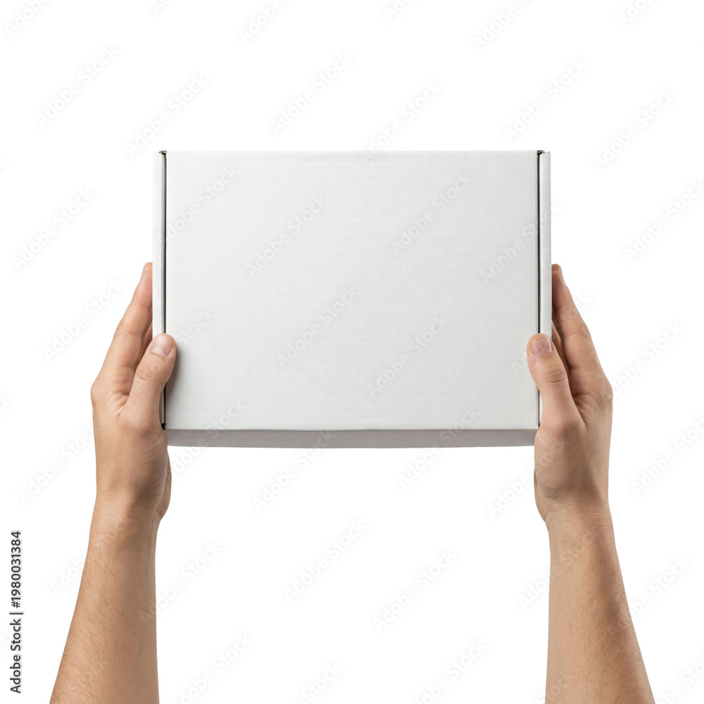 Obraz premium Hands holding white cardboard mailing box isolated. Shipping delivery mockup.