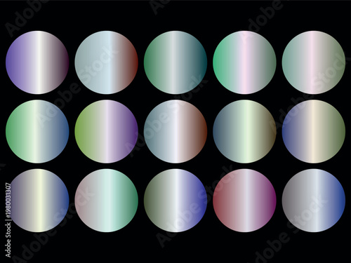 A colorful array of 15 gradient spheres on a sleek with shiny effects