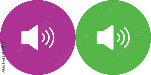 Two colorful circular buttons displaying white speaker icons for volume control and audio setting interfaces